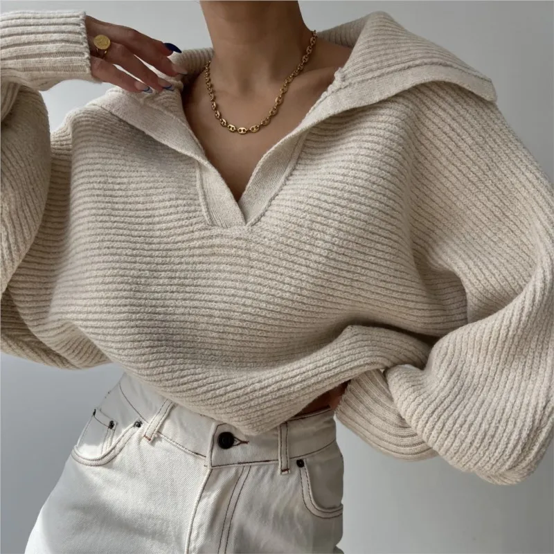 

2025 Women Sweaters Lantern Sleeve Turn-Down Collar Loungewear Pullovers fall Winter Loose Fit Solid Streetwear long sleeve tops