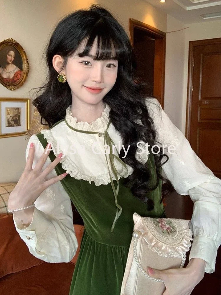 Vintage Velvet Fake Two Dress Women Sweet Slim Long Sleeve Casual Midi Dress Female Korean Fashion Elegant Party Lace Dress Slim