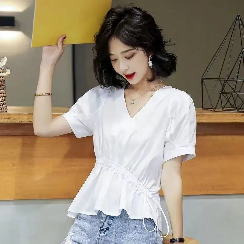 Women Summer Simplicity Slim Sweet Pleated Solid Color V-neck Short Sleeve Shirts Women Clothes Casual Appear Thin Trend Top Tee