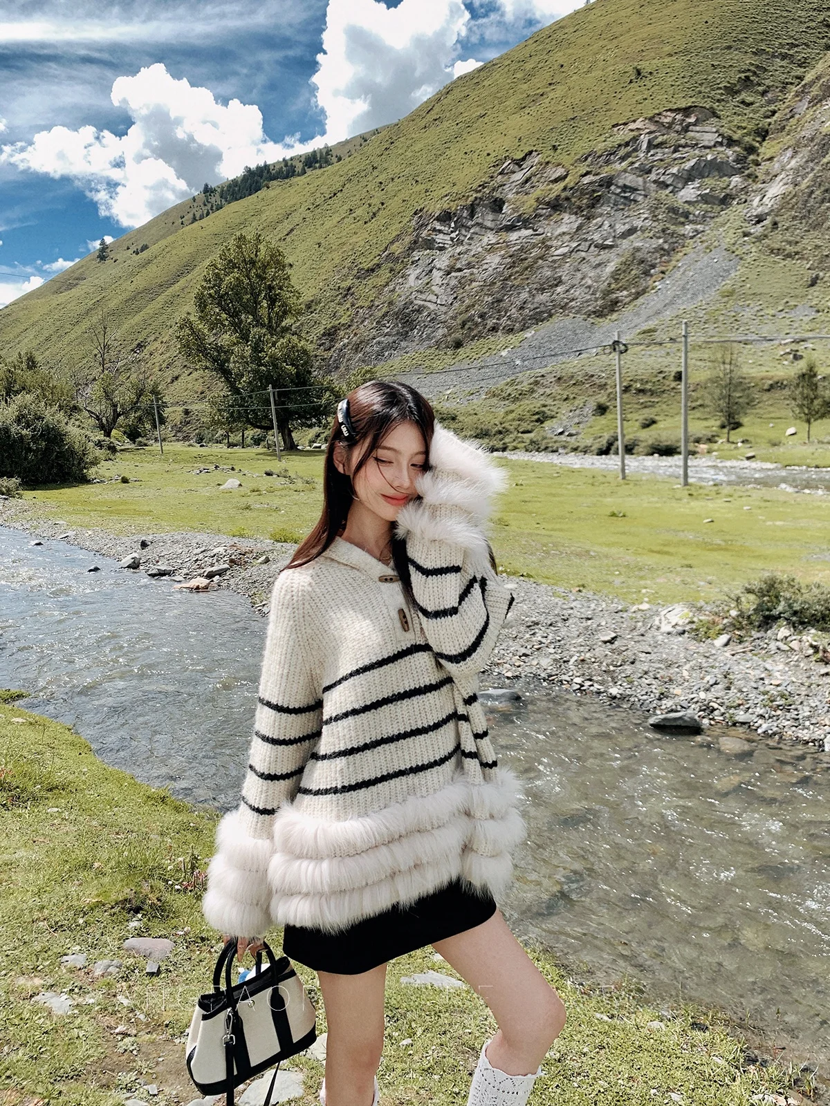 

White Fur Spliced Sweater Coat Women's Autumn Winter New Sle Hooded Button ort Outerwear Yang PaoPao Commute Sle Lo...