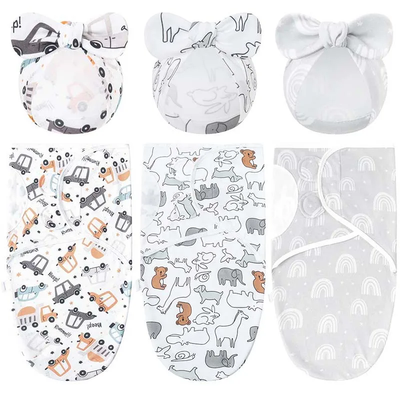 Newborn Swaddle Hat Set Cotton Anti Startle Baby Wrap Bow Knot Beanie Adjustable Infant Receiving Blanket Baby Bedding Item 2pcs