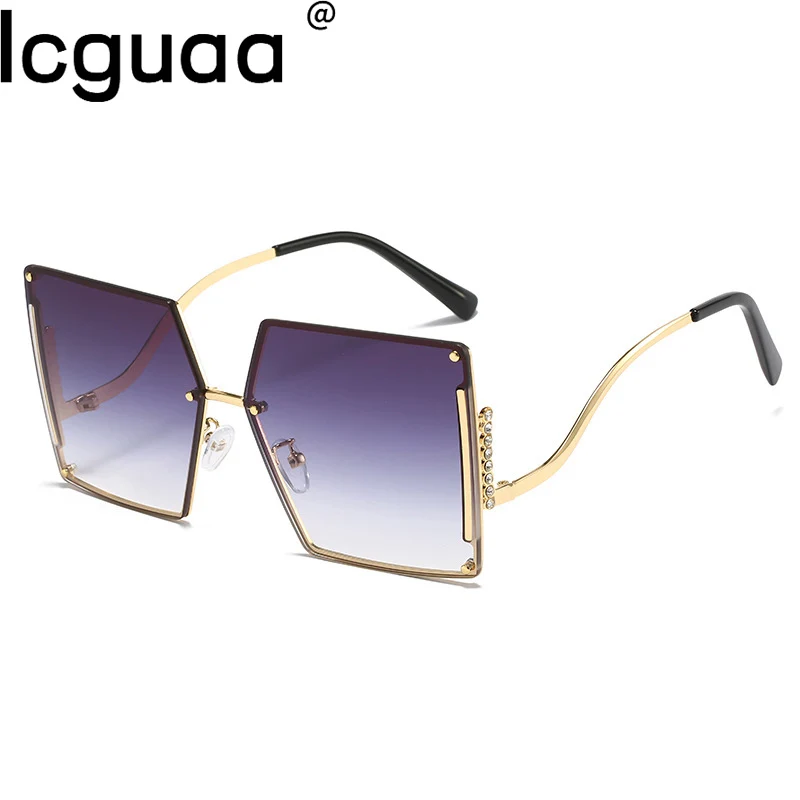 Square Oversized Micro Diamond Sunglasses 2022 Gradient Tan Color With Wave Frame Rectangle Sun Glasses For Women Mens