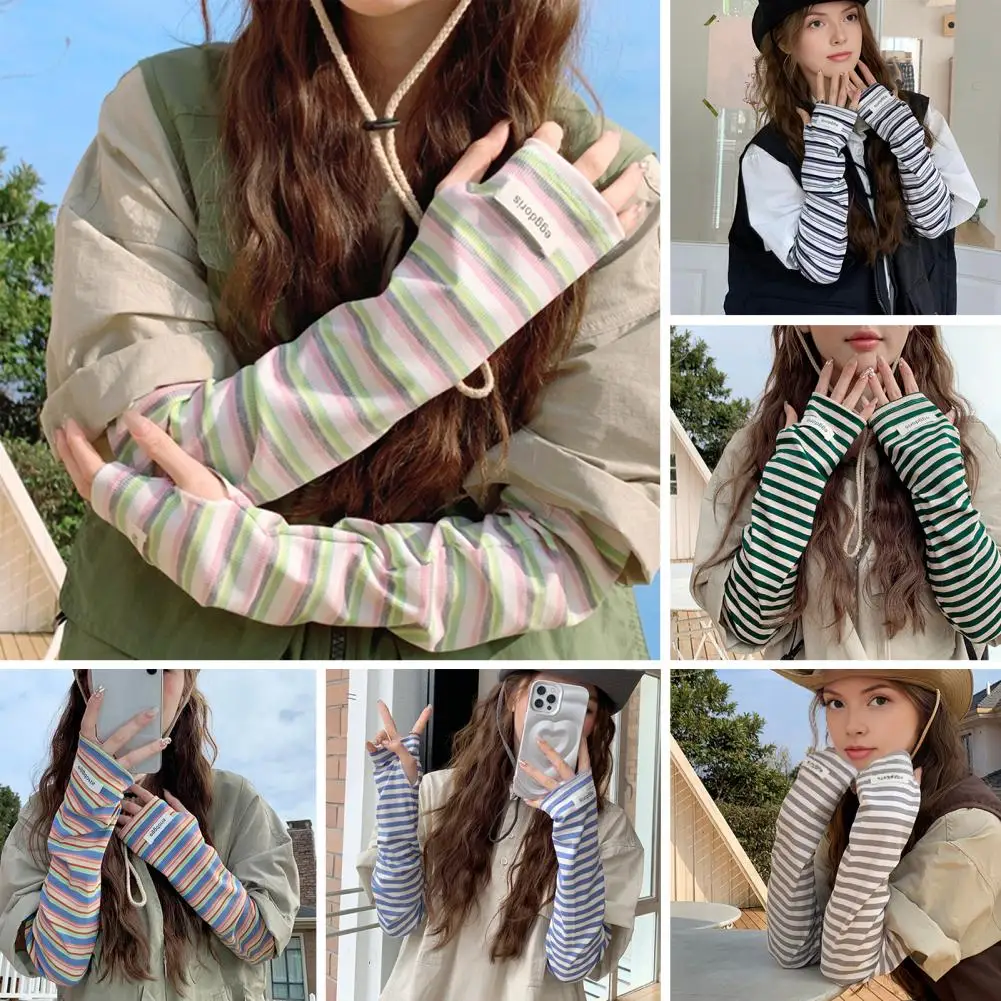 Punk Long Sleeves Fingerless Gloves Cuff for Women Men Stripe Hip-Hop Knitted Elbow Mittens Elastic  Arm