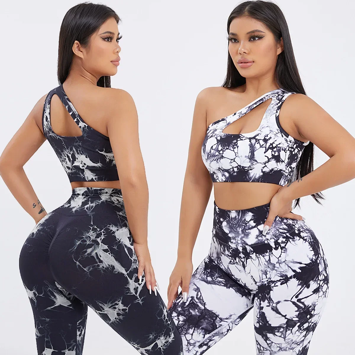 Seamless One-Shoulder Tie-Dye Yoga Sets Sports Fitness Hip-lifting Pants Tight Vest Suits Workout Gym Leggings Sets for Women