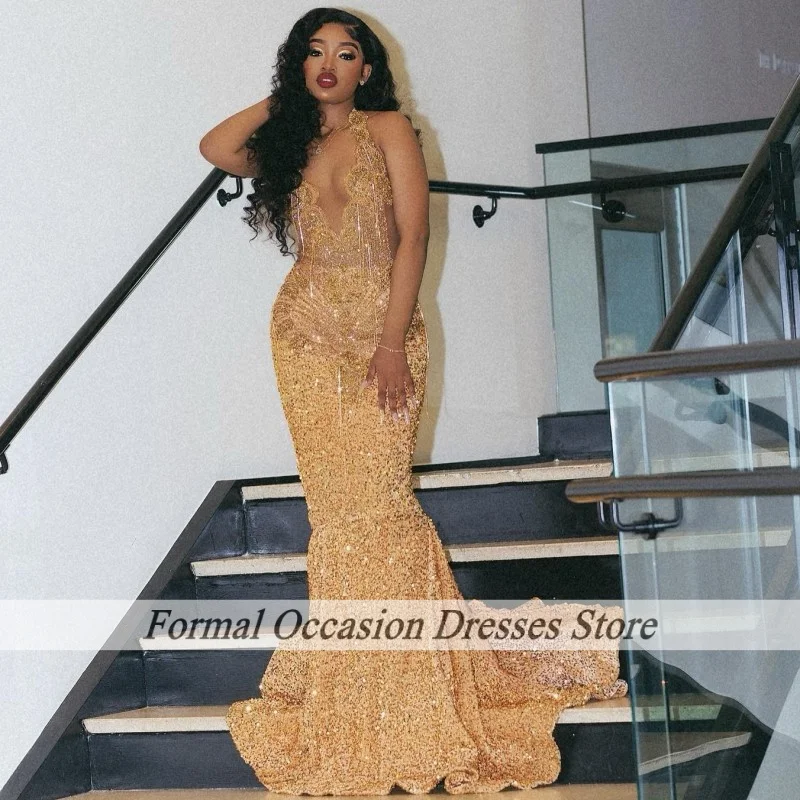Parkly ゴールドウエディングドレス高級 2025 ホルターラインストーンクリスタルマーメイドパーティードレス黒人女の子フォーマルイベントイブニングドレス