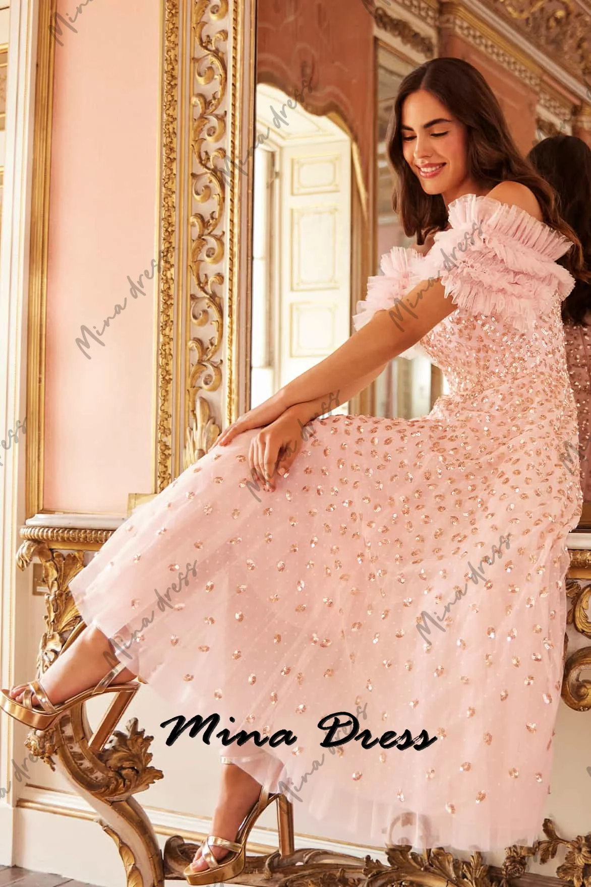 Mina personalizzato Paillettes Abiti da sera Donna Elegante Party 2024 Grace Abito formale Chiffon Off-the-spalla Maniche corte Prom