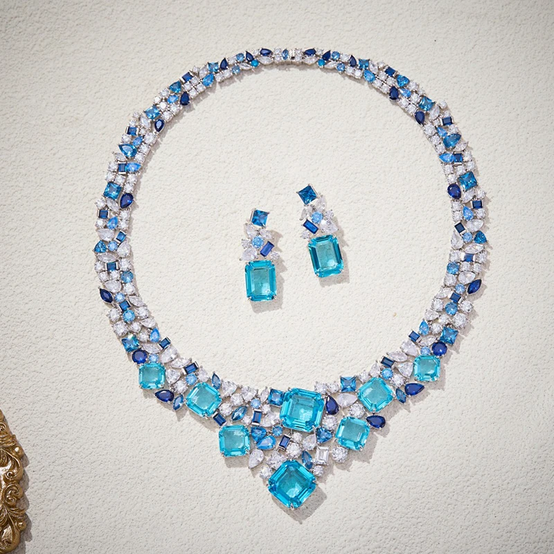 

Pure 925 Sterling Silver Jewelry For Women Bohemia Design Wedding Jewelry Set Blue Crystal Earrings Necklace Party Fine Jewelry