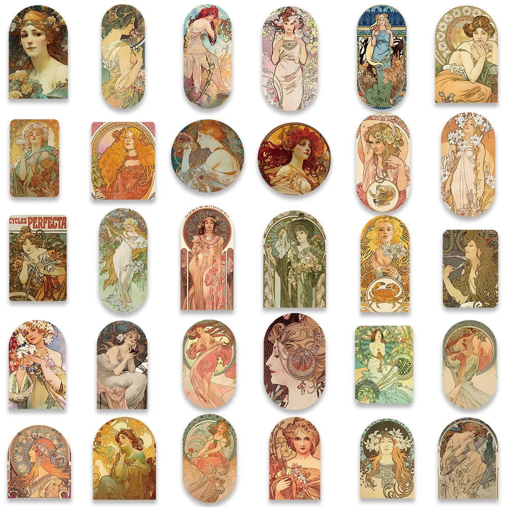 10/30/60pcs Alphonse Maria Mucha Art Graffiti Stickers Decals DIY Phone Scrapbook Stationery Bike DIY Waterproof Decoration Toys