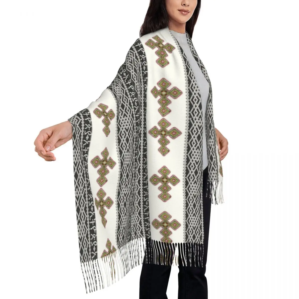 Ethiopian Habesha Art Scarf Wrap for Women Long Winter Warm Tassel Shawl Unisex Scarves