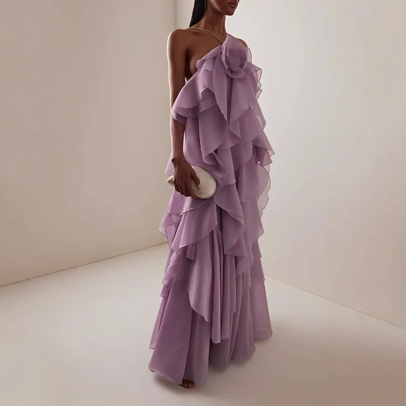 Orange Stacked Ruffles Backless Long Dress Women Halter Flounce Flower Luxurious Party Dresses Evening Vacation Long Lady Robe