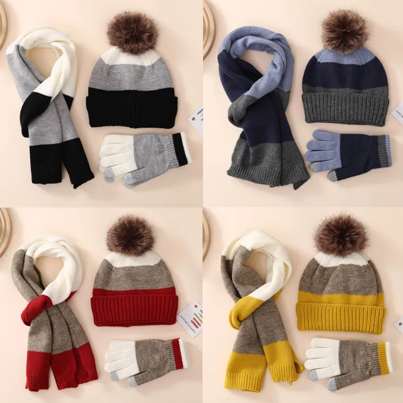 1 Set Winter Thicken Fleece Kids Hat+Gloves+Scarf Plush Warm Striped Baby Boys Girls Beanie Cap for 8-15 Years Children Bonnet