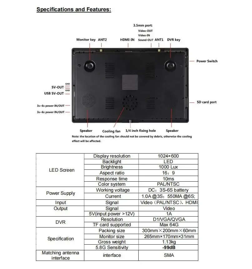 شاشة Hawkeye Little Pilot Captain X 10.2 بوصة HD FPV، تنوع مزدوج 5.8G، سطوع 1000lux، مخرج DVR/HDMI، حساسية 99 ديسيبل