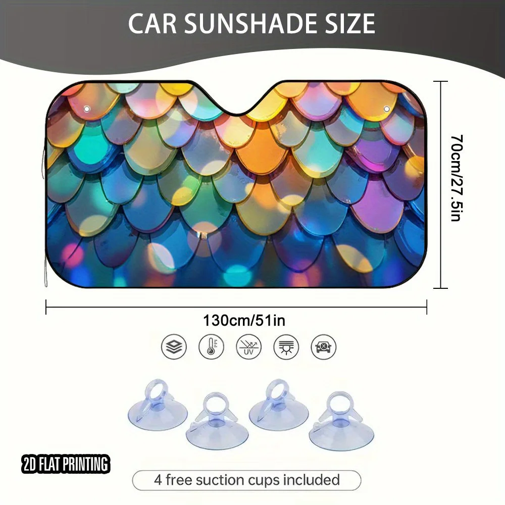 2D Flat, 1pc Rainbow Scale Print Car Sunshade - 2D Flat Design with Vibrant Iridescent Scales, Includes 4 Suction Cups