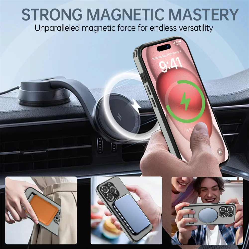 Luxury Magnetic Leather Stand Phone Case For iPhone 16 15 14 11 12 13 Pro Max Wireless Charging For Magsafe Shockproof Cover