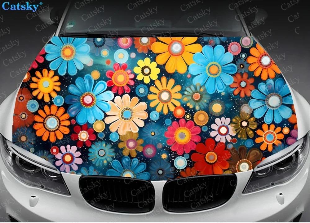 Flower Pattern Design Colorful Car Hood Decal Stickers Wrap Vinyl Film Engine Cover Decals Sticker Car Hood Protective Film