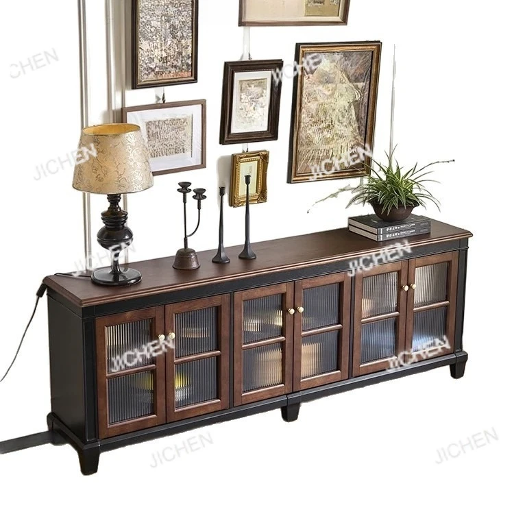 

Французский ретро шкаф для телевизора из цельного дерева, шкаф для хранения, встроенный черный американский шкаф для телевизора для гостиной