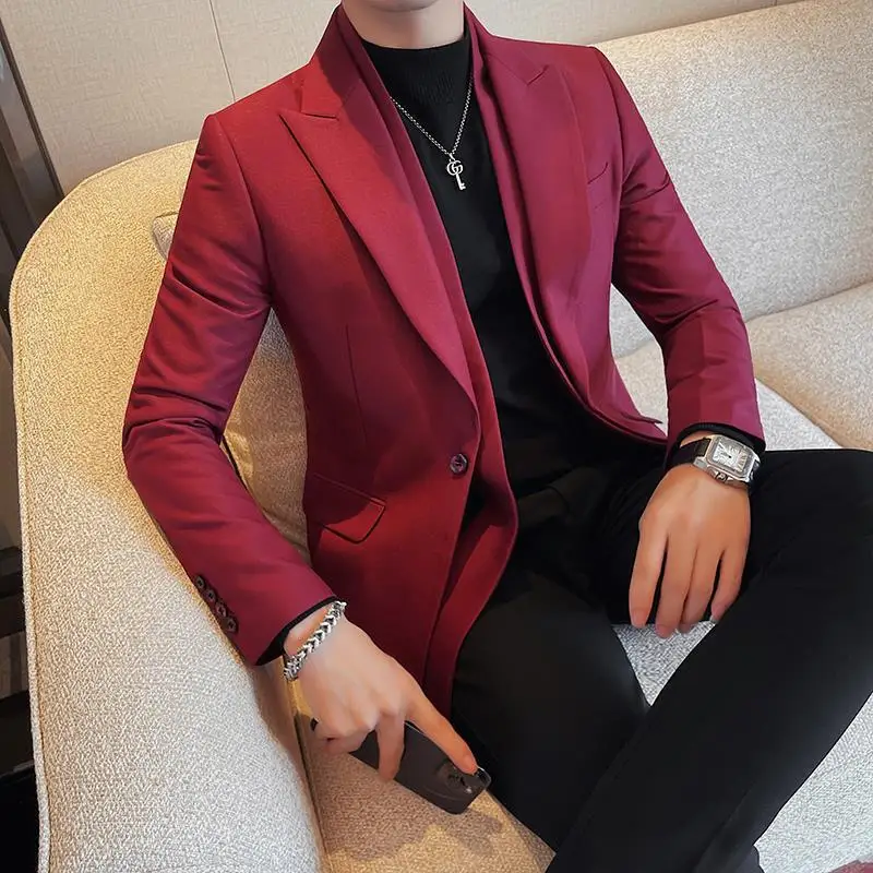 

3-A57 Autumn and winter double-layer collar casual red suit jacket for men high-e fit business wedding men's small suit for men