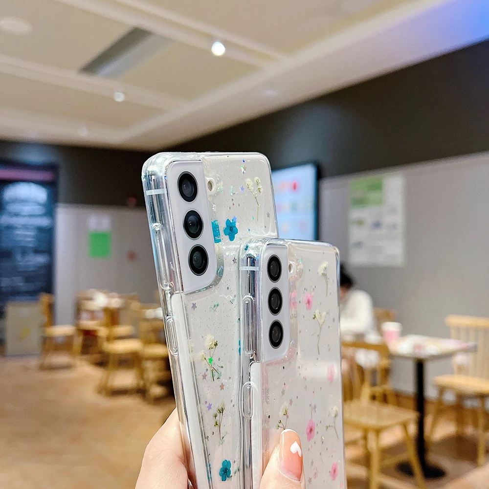 for Samsung Galaxy S26 S24 S25 S23 S22 S21 FE Ultra Plus Note20 Case Real Dry Flower Glitter Clear Epoxy Cover Crystal TPU Shell