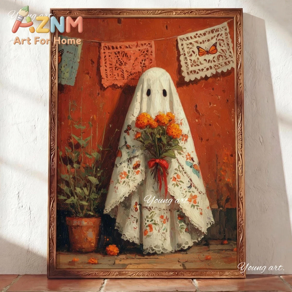 Funny Spooky Ghost Fall Canvas Print Poster Rustic Pastoral Cozy Autumn Folk Art Prints Bedroom Halloween Wall Art Home Decor