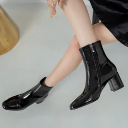 2023 New Women's Boots Square Toe Patent Leather ZIP Ankle Boots Winter Warm Comfortable Botas De Mujer High Heels Shoes Women