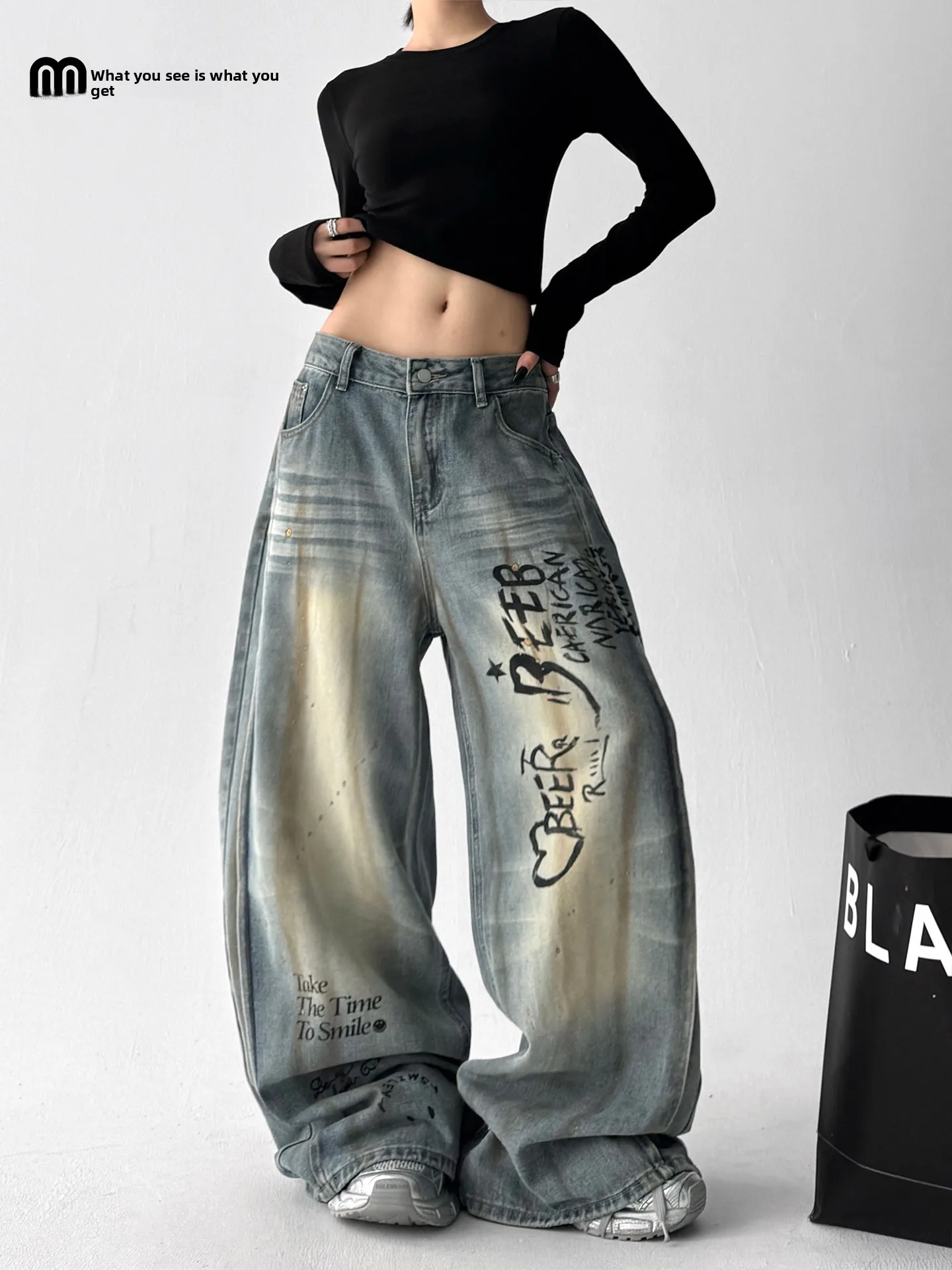 

Американские джинсовые джинсы в стиле ретро с высокой талией, прямые широкие брюки для уличных танцев, женские весенне-осенние новые поступления