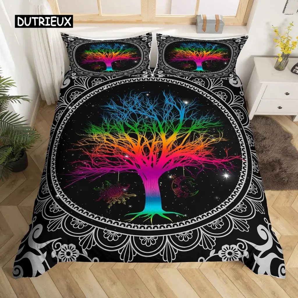 Watercolor Tree Duvet Cover Set Twin Size Tree of Life Comforter Cover Colorful Sun Moon Polyester Bedding Set Boho Exotic Style