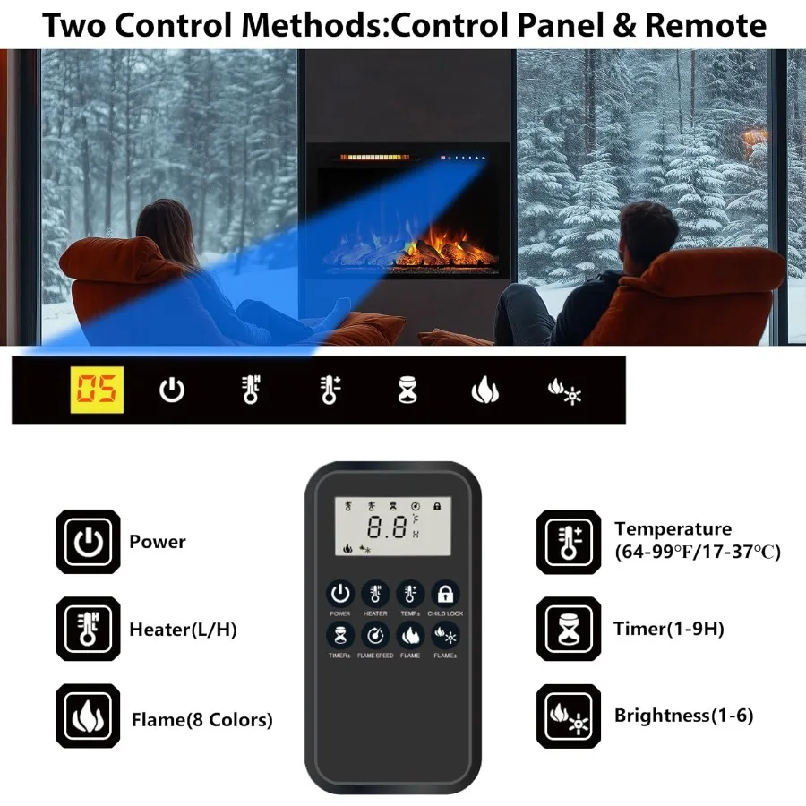 33 in Electric Fireplace Inserts Wall Mounted and Recessed Fireplace Heater with Remote Control Featuring 8 Flame Colors Adjust