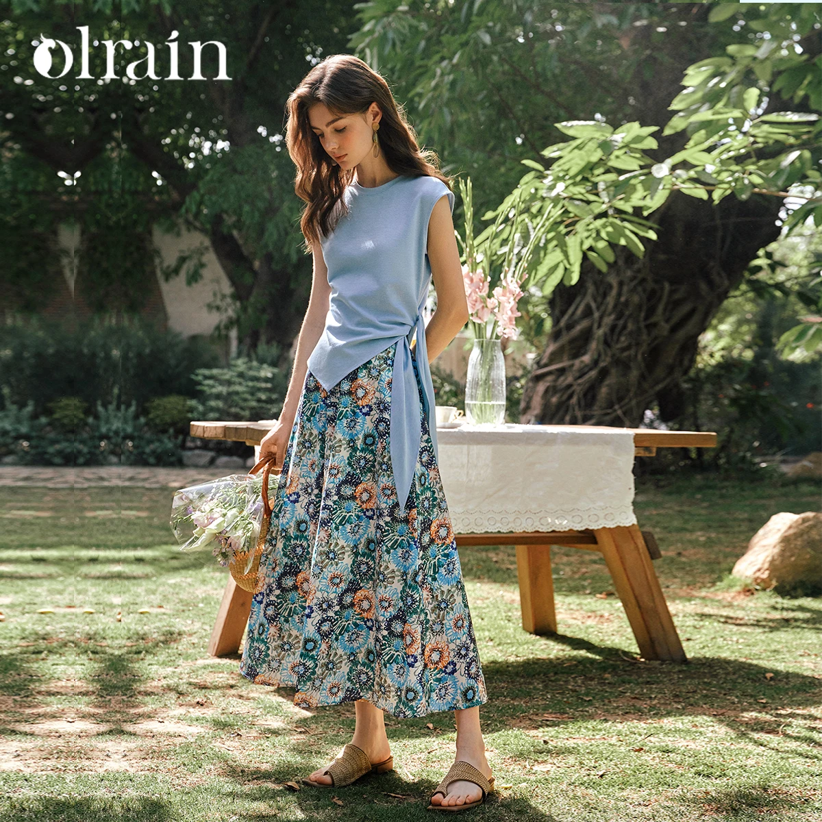 OLrain 2 Piece Sets Woman Vacation Outfits 2026 Summer Fashion Floral Skirt Blue Strap-on Top Set Women's Clothing SetO57XE99629