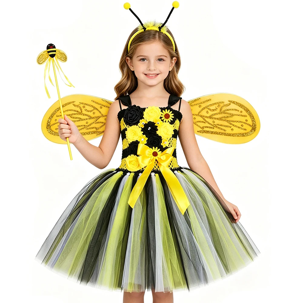 Girls Bumble Bee Costume Toddler Girl Flowers Bee Tulle Tutu Dress Kids Halloweeen Birthday Party Honeybee Fairy Dress Up Outfit