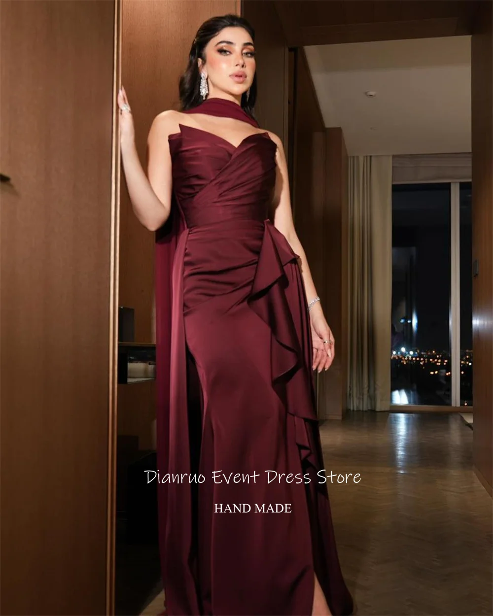 Dianruo-vestidos De noche De satén con forma De corazón, color Burdeos, cintas De sirena, bata De fiesta para mujer, vestido De graduación saudí fruncido con volantes personalizado
