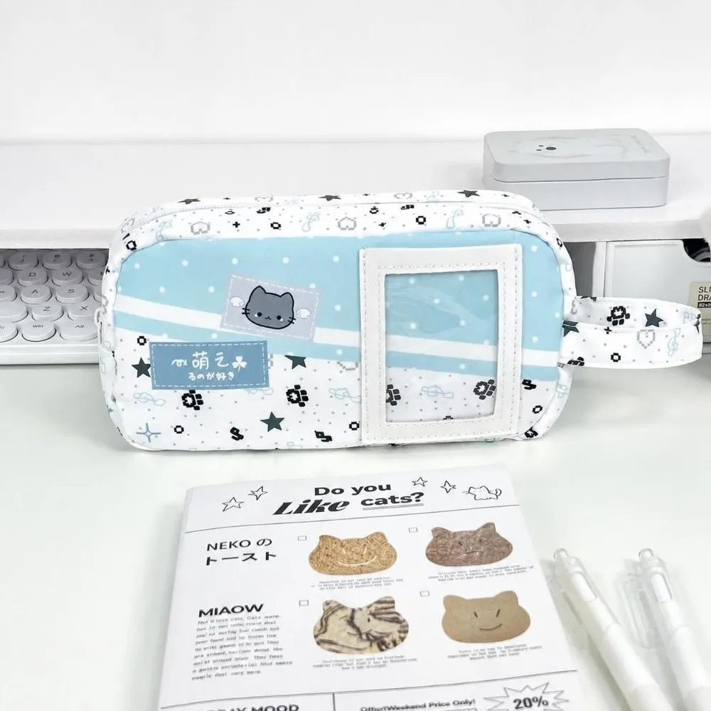 Blue Pixel Cat Print Pencil Case Large Capacity with Clear Window Pen Bag with Handle Stationery Organizer School Supplies
