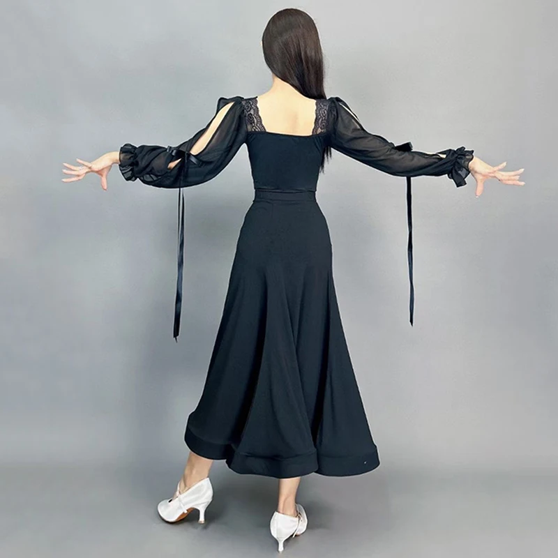 White Black Tops Skirt Adult Standard Competition Dress Ballroom Dance Dress Women Waltz Dance Performance Costume Lace