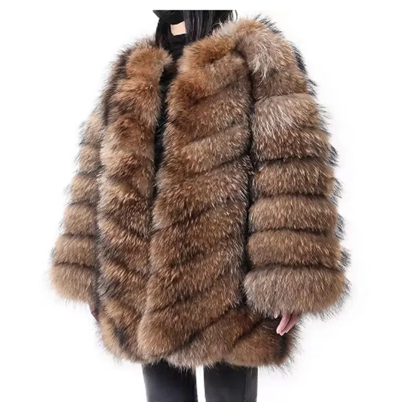 

MAOMAOKONG Real Raccoon Silver Fox Fur Coat Plus Size Clothes Natural Winter Women Round Neck Warm Thick New Style Plus-Size
