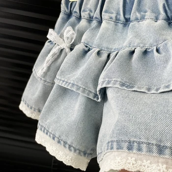 Girls Denim Lace-Trimmed Tiered Skirt 5 Girls' Denim Lace-Trimmed Multi-Layered Tiered Skirt 5