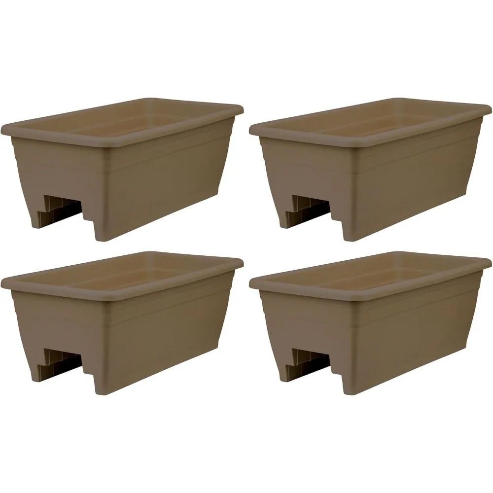 

24 Inch Wide Heavy Duty Plastic Deck Rail Mounted Garden Flower Planter Boxes with Removable Drainage Plugs, 4