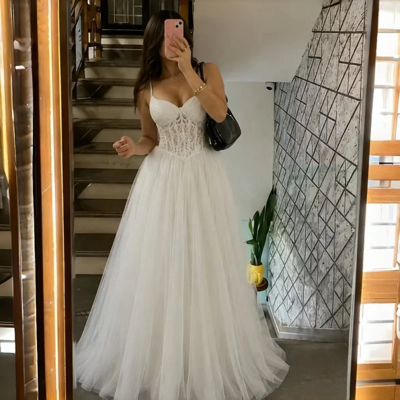 Spaghetti Straps Tulle Ball Gown Corset Wedding Dress In White Sweetheart Lace Corset Evening Gowns Customizable
