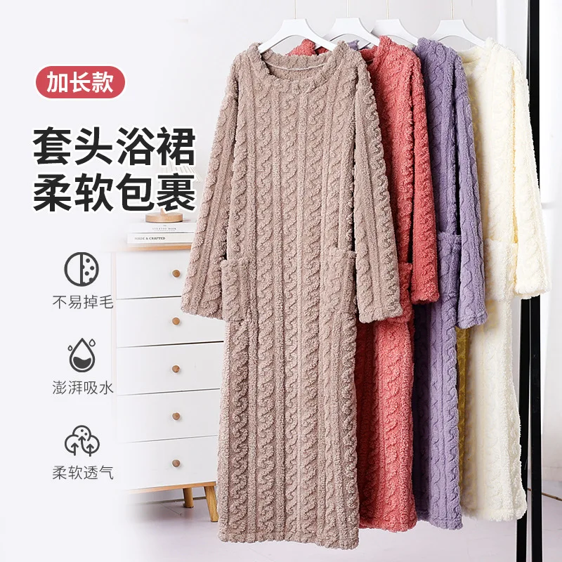 

Winter Thicken Girl Nightgown Long Style Pajamas Bathrobe Minimalist Sleepwear Student Coral Fleece Homewear Keep Warm Nightwear