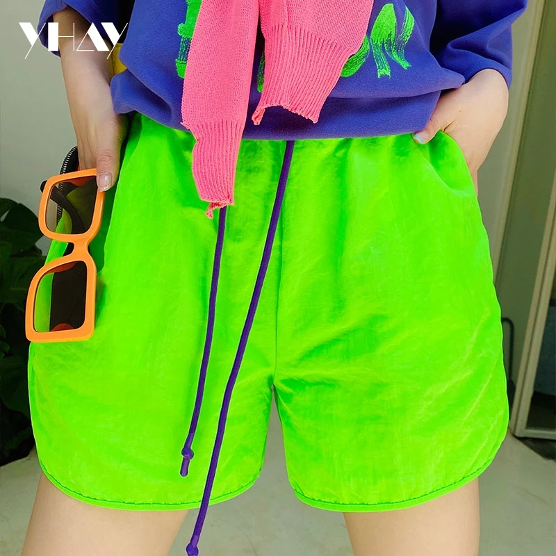 Spring and Summer Fluorescent Green Simple and Versatile Trendy Brand Loose Elastic Waist Split Fork Casual Quick-drying Shorts