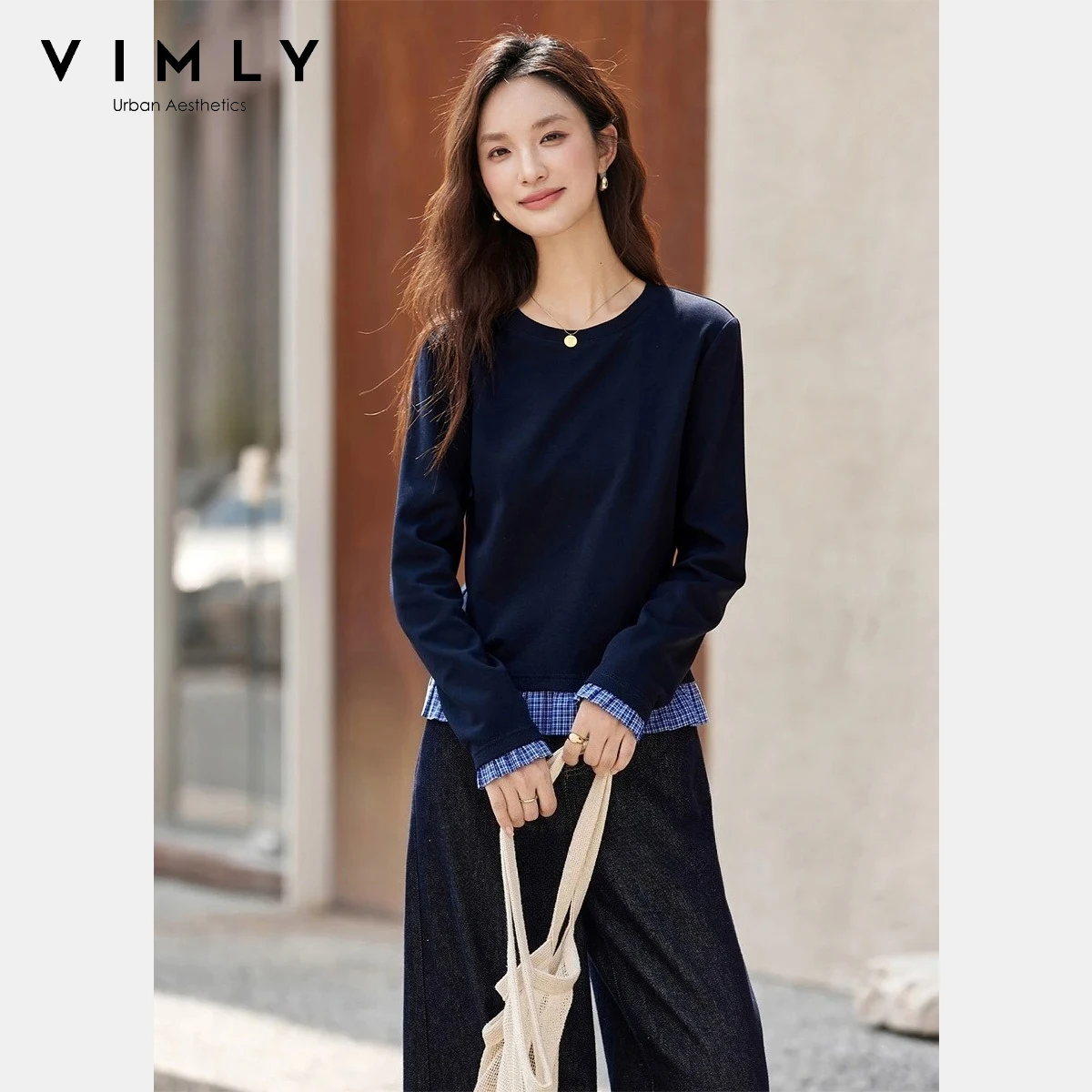 

Vimly Plaid Patchwork T-Shirt for Women's 2025 Autumn Round Neck Long Sleeve Slim Fit Tees Basic Chic Versatile Daily Tees A2992