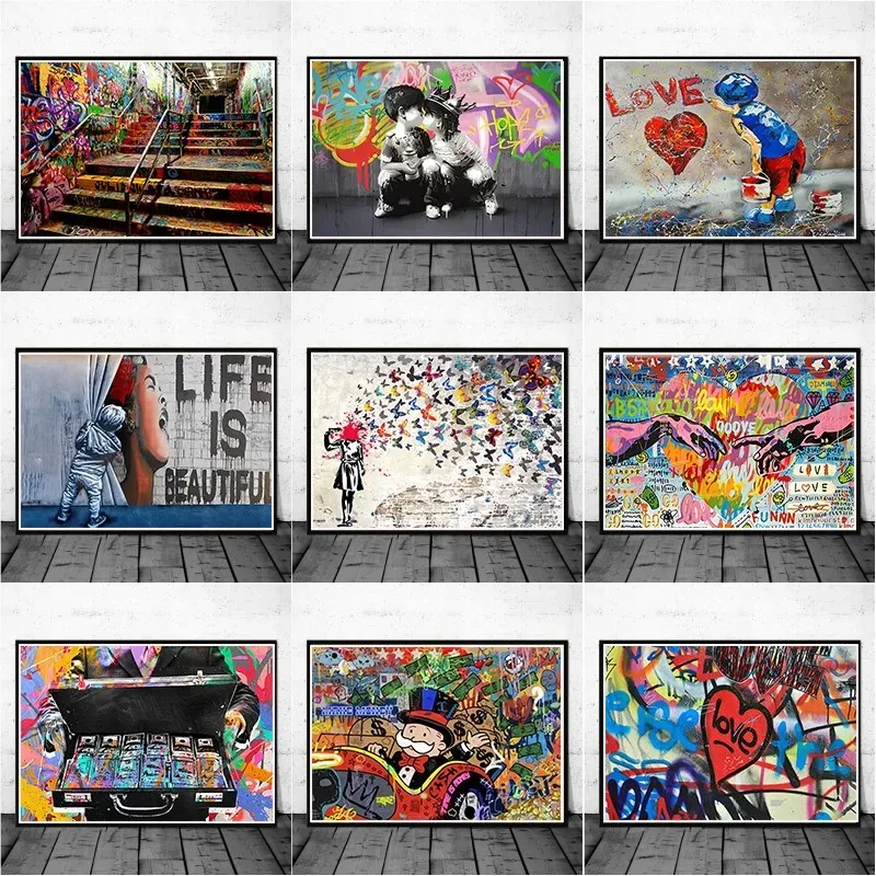 Large Size Banksy Artwork Canvas Posters and Prints Funny Character Graffiti Street Art Wall Pictures for Modern Home Room Decor