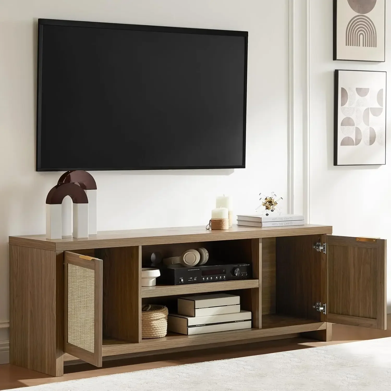 Hampstead TV Stand for Living Room, Modern Entertainment Center for 65 inch TV, 2 Rattan Doors Cabinet Media Console, TV Console