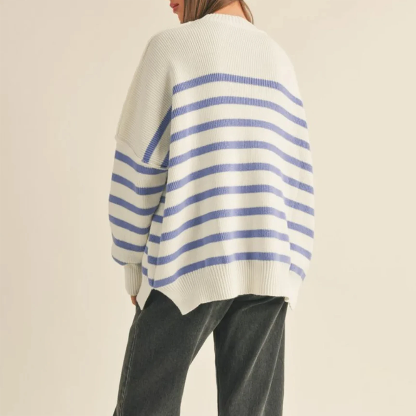 Women's y2kAesthetic Striped Sweater Drop Shoulder Long Sleeve Round Neck Slit Hem Casual Loose Warm Knitted Top image 4