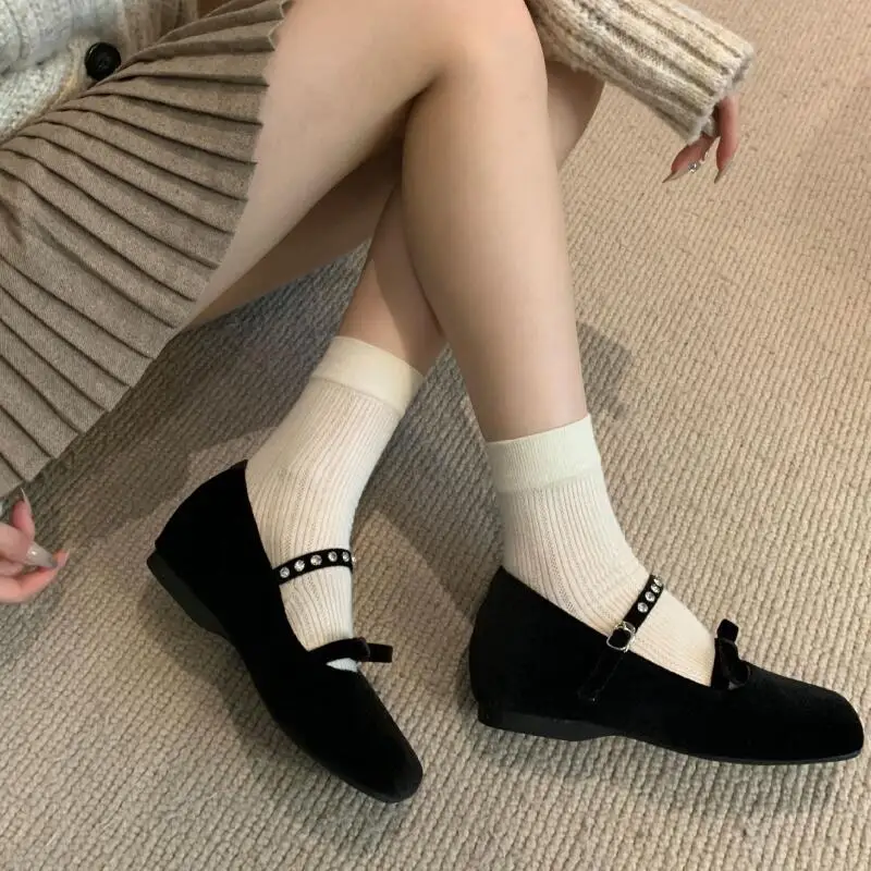 2025 Autumn Crystal Mary Jane Women Low Heel Shoes Fashion Velvet Square Toe Shallow Ladies Shoes Ballerinas Female Moccasins