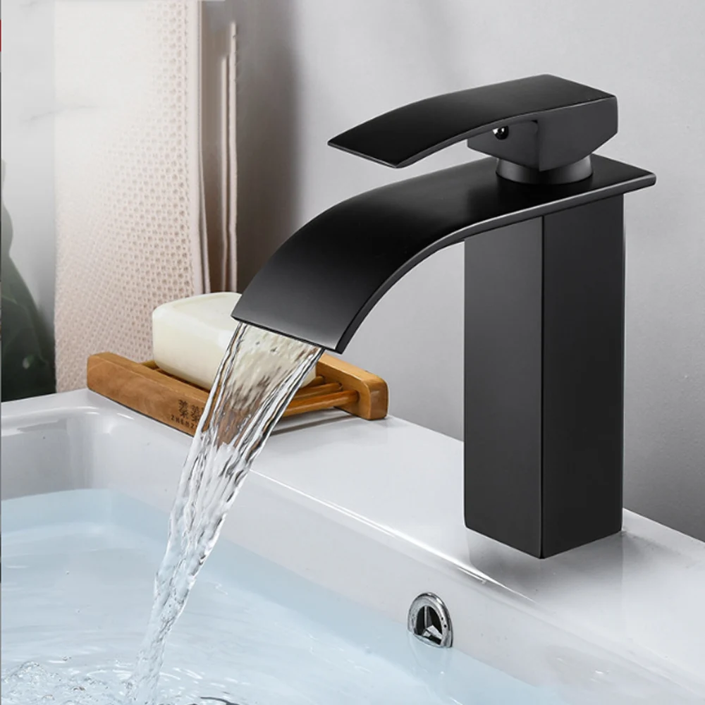 Lavabo en cascada, grifo alto y bajo de acero inoxidable, lavabo negro para inodoro frío y caliente, baño y hogar