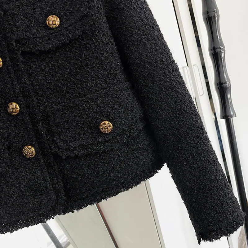 Black little fragrance coat short 2023 new spring and autumn thin tweed long sleeve top  jackets for women