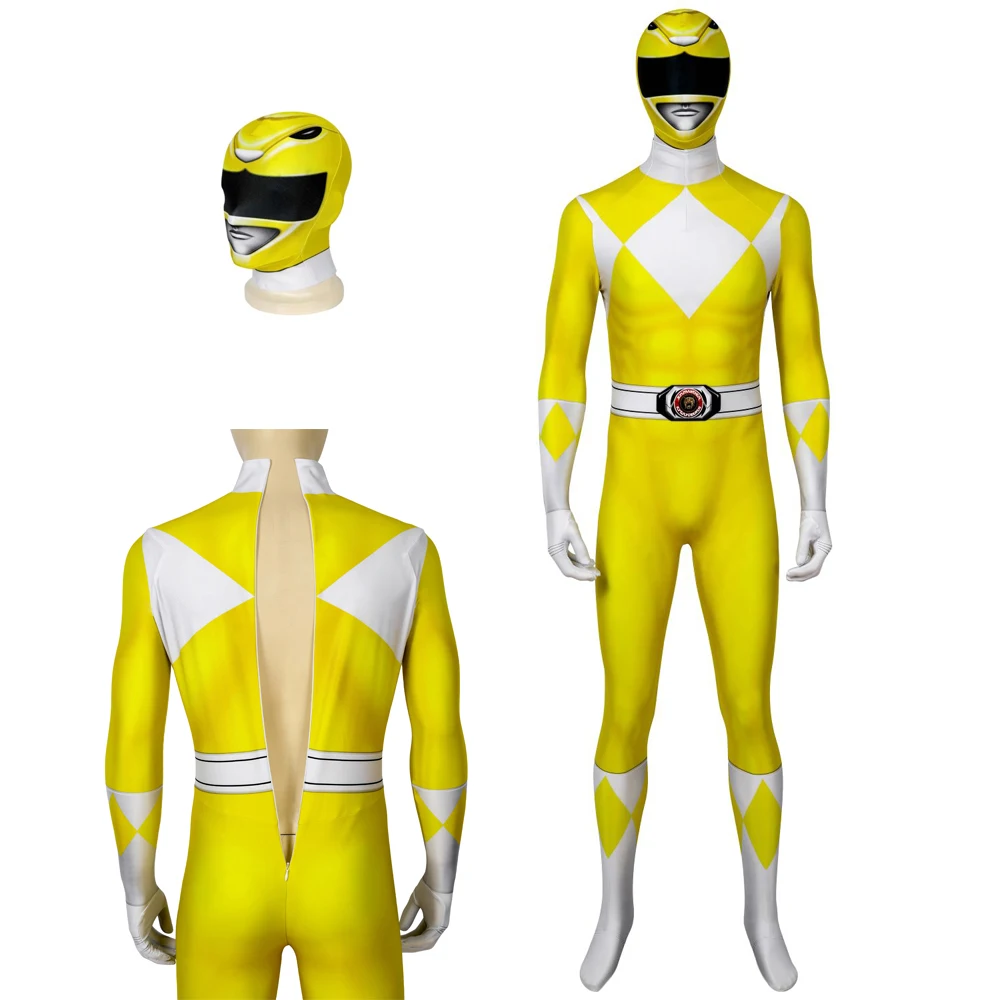 

Halloween High-Quality Adult Ranger 3D Printed Jumpsuit Carnival Role-Playing Costume Zentai Yellow Ranger Jumpsuit With Hat