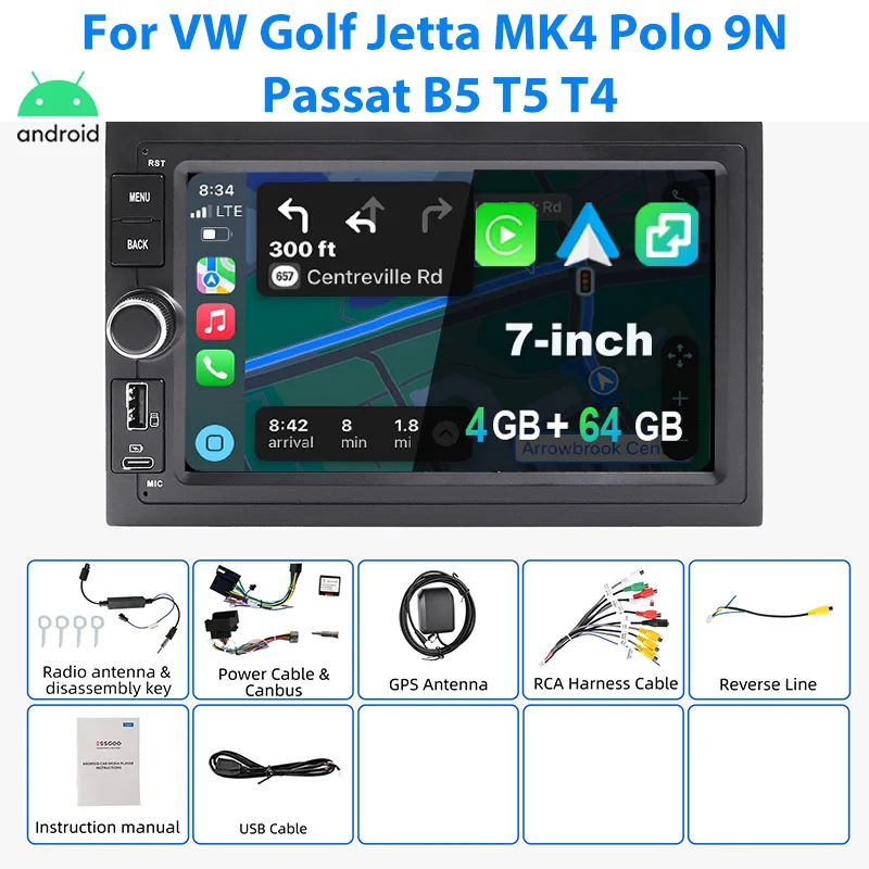 ESSGOO Autoradio Android15 7" 4+64G/2+64G für VW Golf Jetta MK4 Polo 9N Passat B5 T5 T4 SEAT SKODA Wireless CarPlay GPS Navigation Android Auto RDS FM Bluetooth Mirror Link Touchscreen