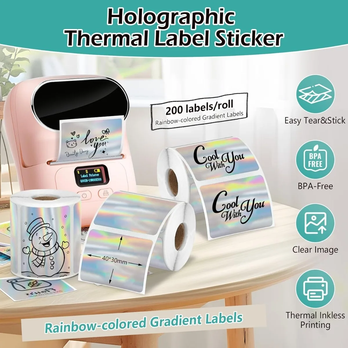 Holographic Thermal Labels 40x30mm Square Slim Sticker for Phomemo M110/M220/M120/M221, SUPVAN T50M PR0 Label Maker Printer