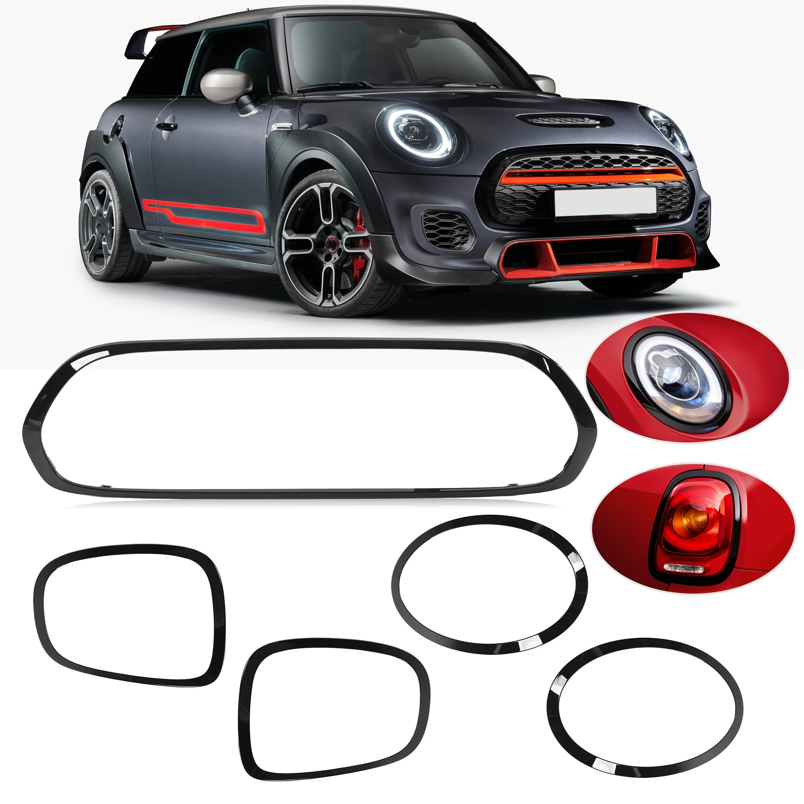 5pcs Gloss Black Headlight Taillight Grille Surround Cover Trims Replacement for Mini F55 F56 F57 One Cooper S JCW 2014+