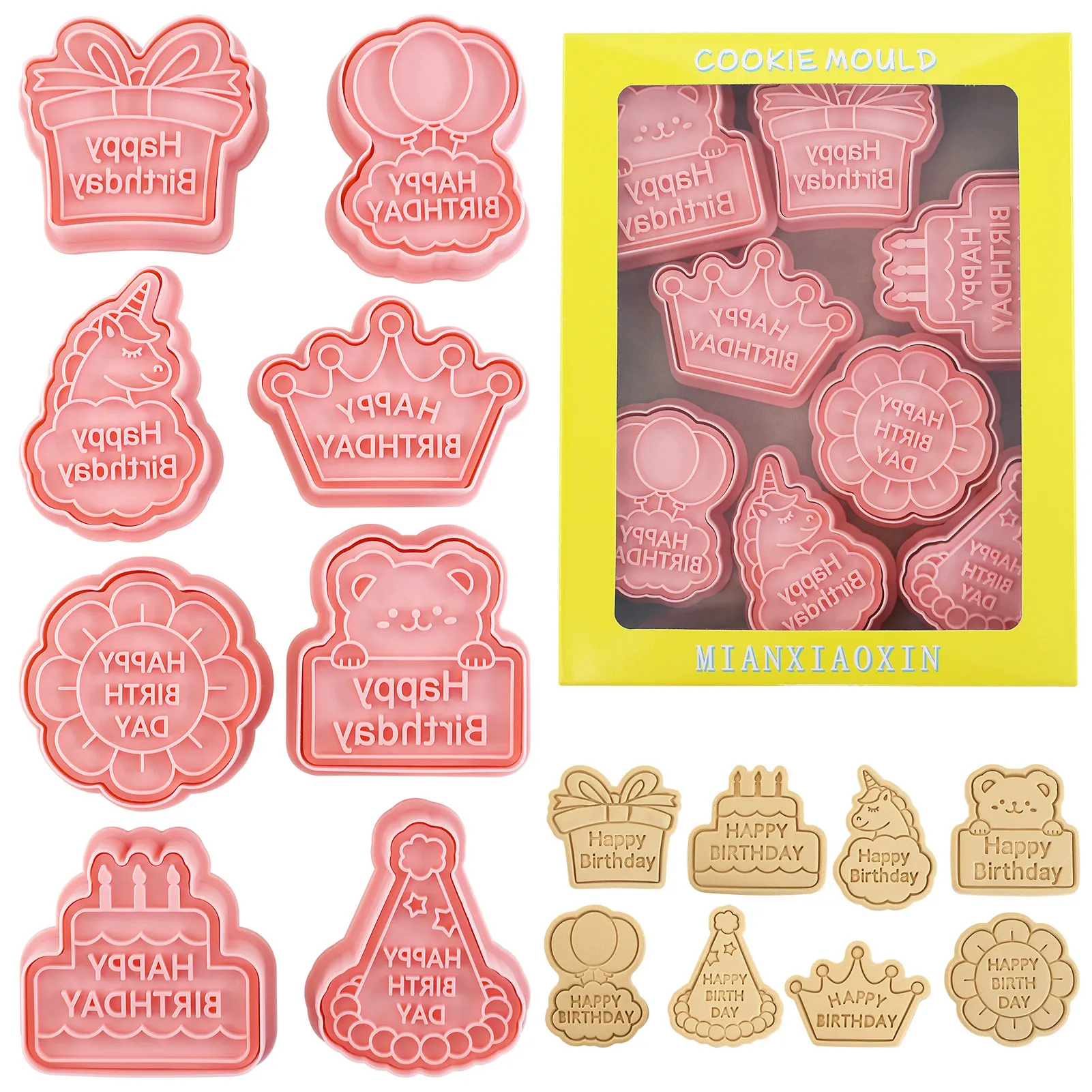 8pcs Happy Birthday Cookie Cutter with Stamp Unicorn Biscuit Mold DIY Kitchen Bakeware Tools for Baby Shower Kids Birthday Party